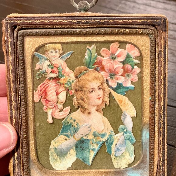 Victorian Valentines Cherub & Lady Die-Cut in Embossed Leather Frame 4"x3.5" - Picture 3 of 5